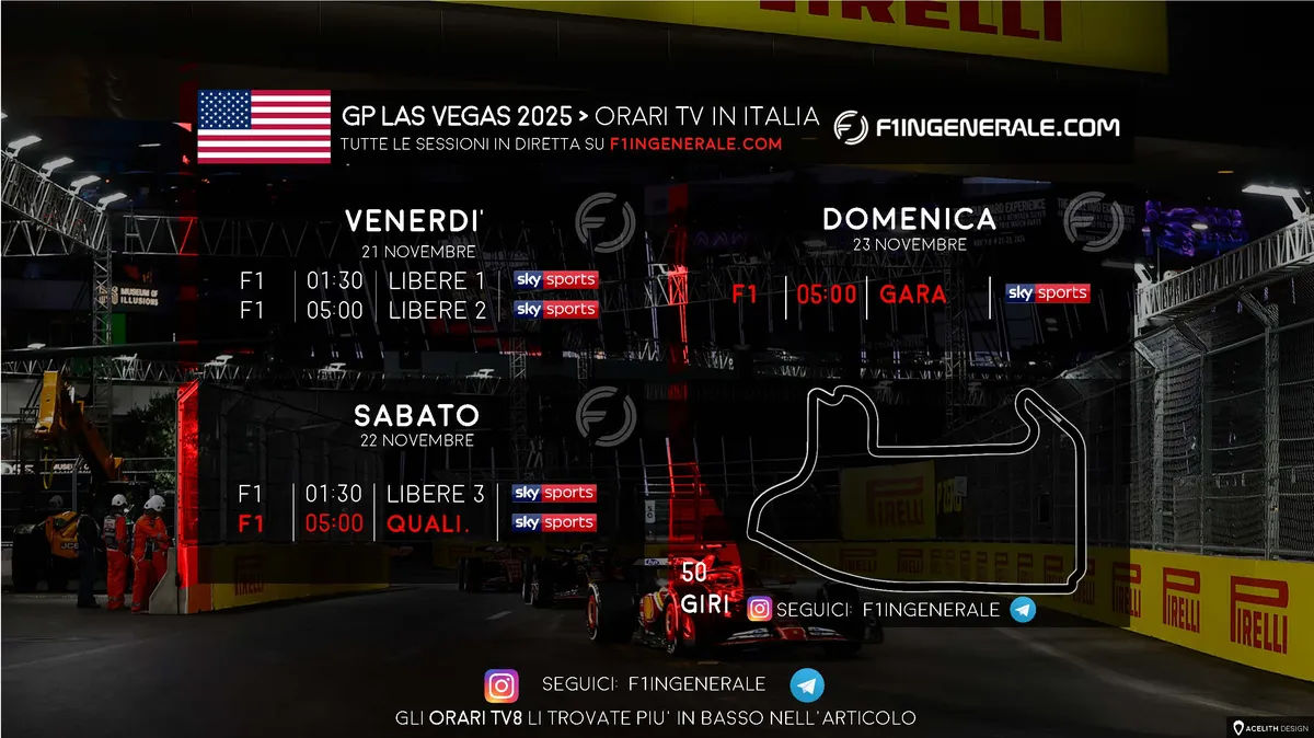 Orari TV GP Las Vegas F1 2025 Las Vegas Strip Circuit diretta Sky Sport F1 TV8 prove libere qualifiche gara streaming Formula 1